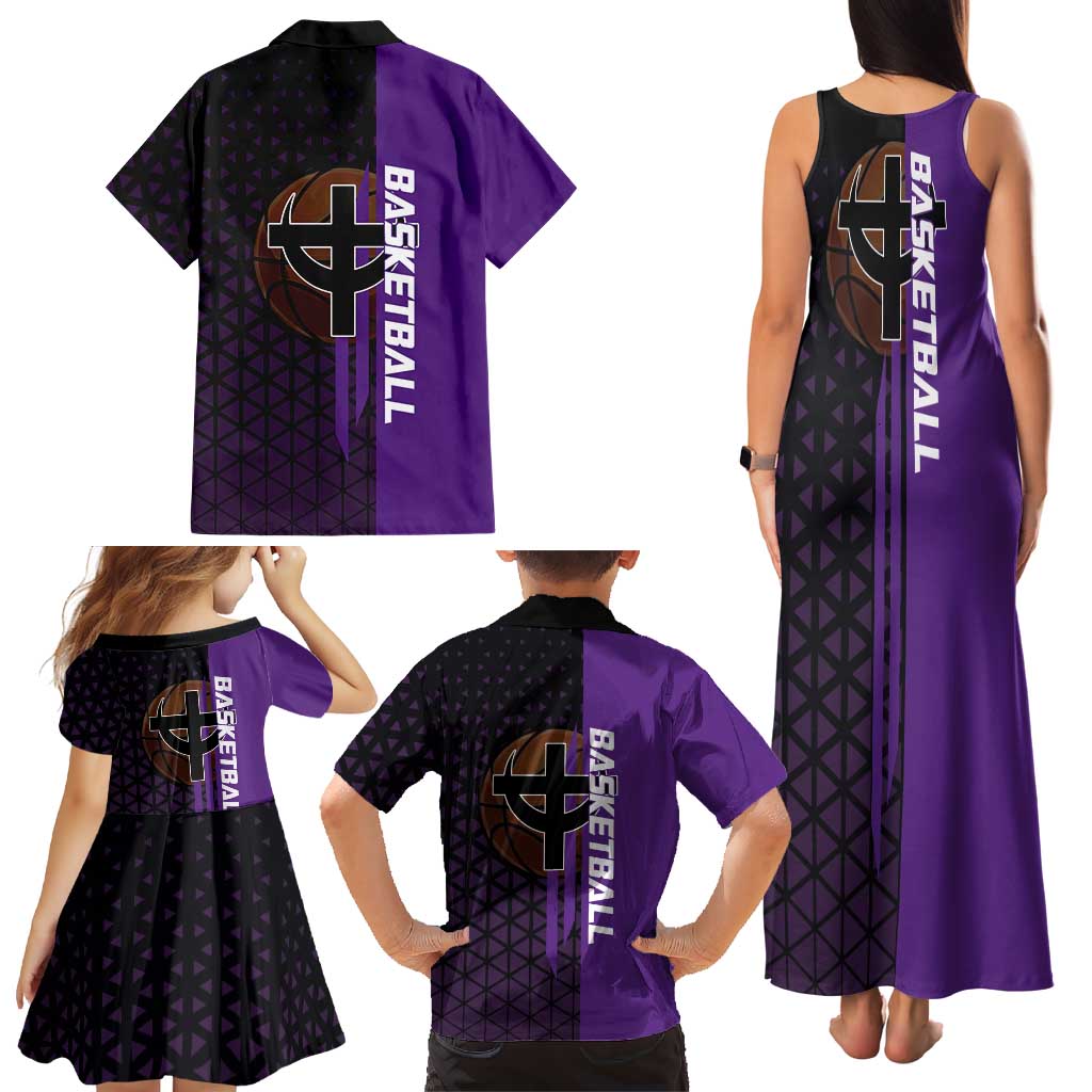 Marco One Piece Basketball Theme Purple and Black Design Family Matching Tank Maxi Dress and Hawaiian Shirt with Phoenix Emblem and Action Pose