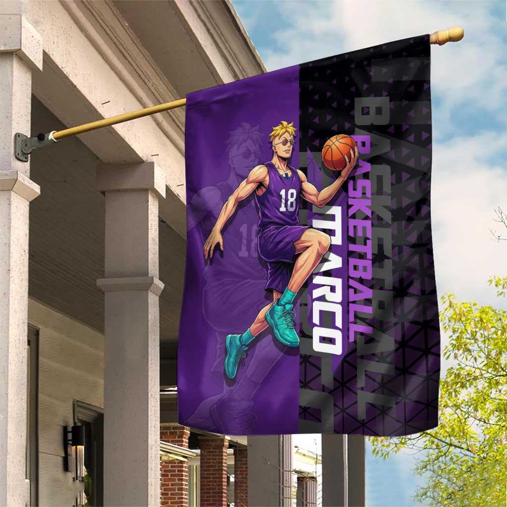 Marco One Piece Basketball Theme Purple and Black Design Garden Flag with Phoenix Emblem and Action Pose - The Mazicc