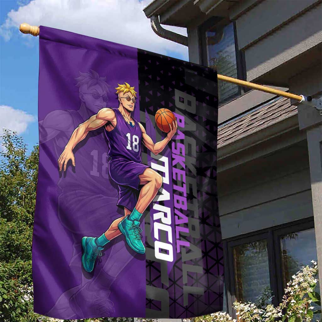 Marco One Piece Basketball Theme Purple and Black Design Garden Flag with Phoenix Emblem and Action Pose - The Mazicc
