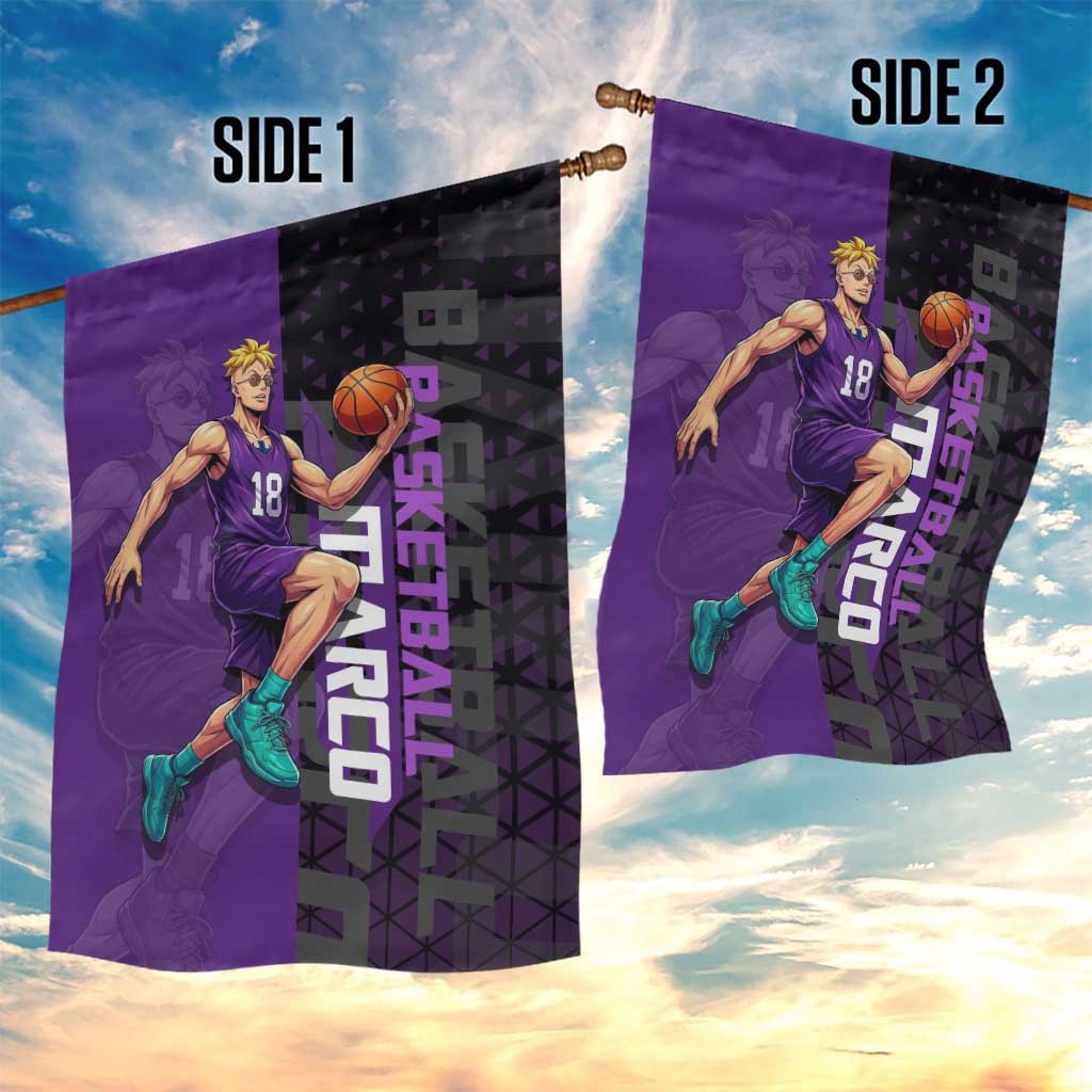 Marco One Piece Basketball Theme Purple and Black Design Garden Flag with Phoenix Emblem and Action Pose - The Mazicc