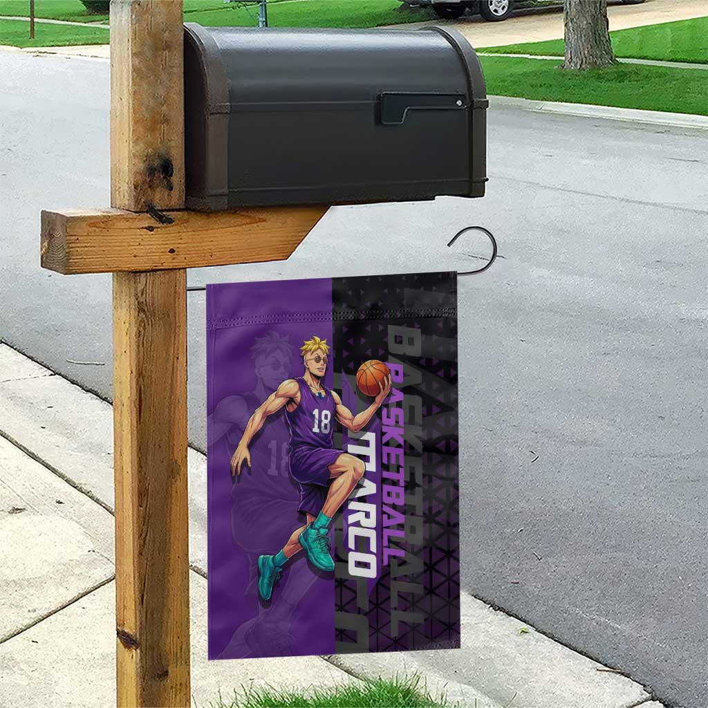 Marco One Piece Basketball Theme Purple and Black Design Garden Flag with Phoenix Emblem and Action Pose - The Mazicc