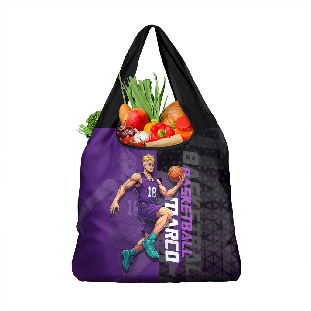 Marco One Piece Basketball Theme Purple and Black Design Grocery Bag with Phoenix Emblem and Action Pose - The Mazicc