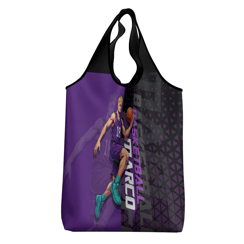 Marco One Piece Basketball Theme Purple and Black Design Grocery Bag with Phoenix Emblem and Action Pose - The Mazicc