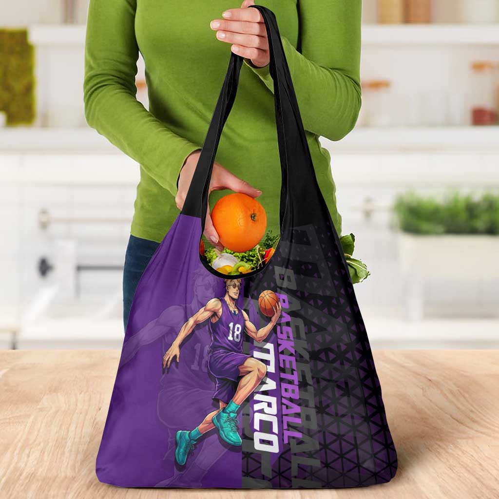 Marco One Piece Basketball Theme Purple and Black Design Grocery Bag with Phoenix Emblem and Action Pose - The Mazicc
