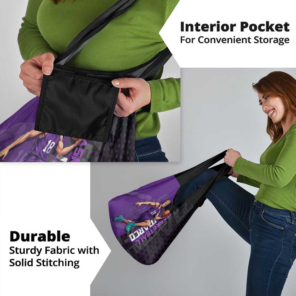 Marco One Piece Basketball Theme Purple and Black Design Grocery Bag with Phoenix Emblem and Action Pose - The Mazicc