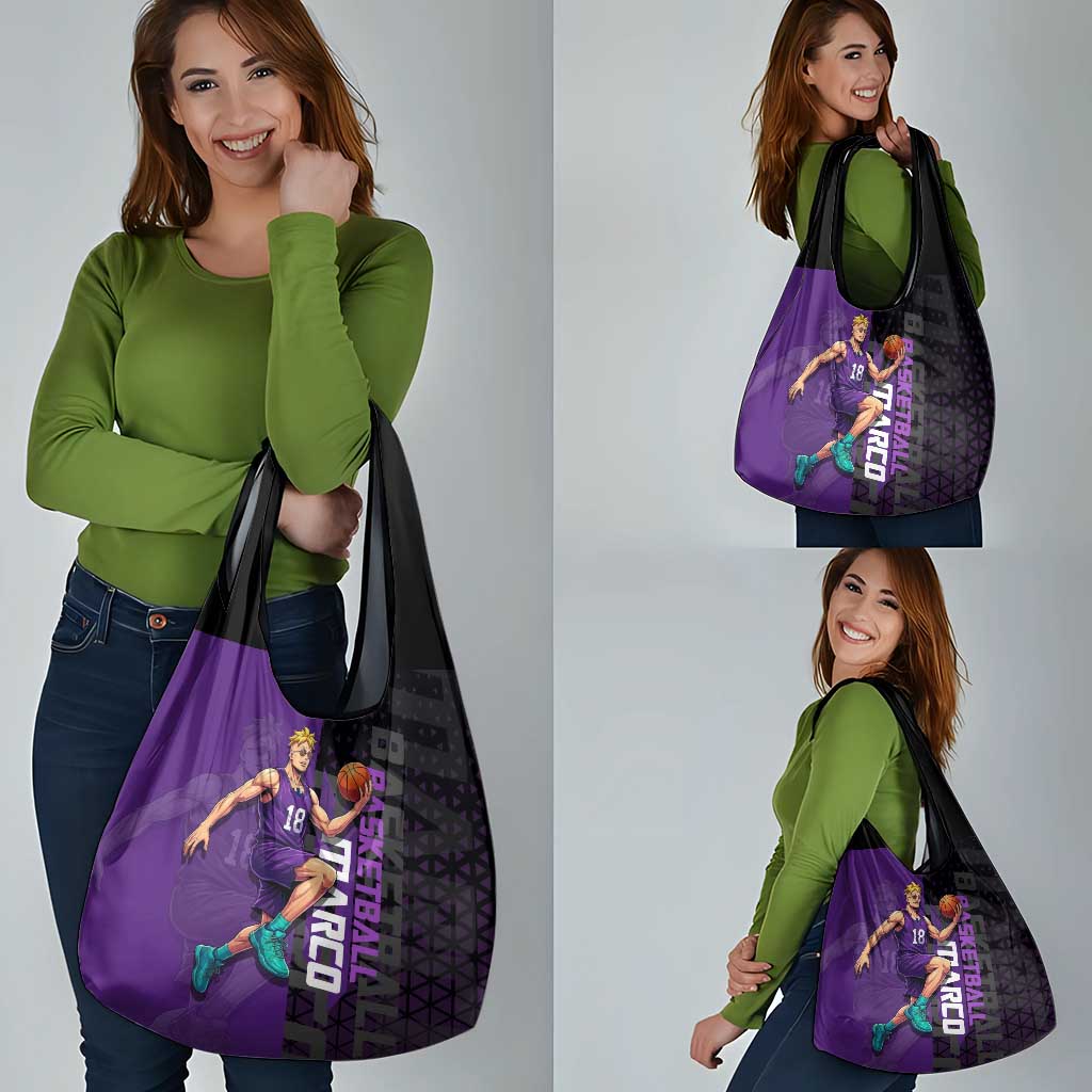 Marco One Piece Basketball Theme Purple and Black Design Grocery Bag with Phoenix Emblem and Action Pose - The Mazicc