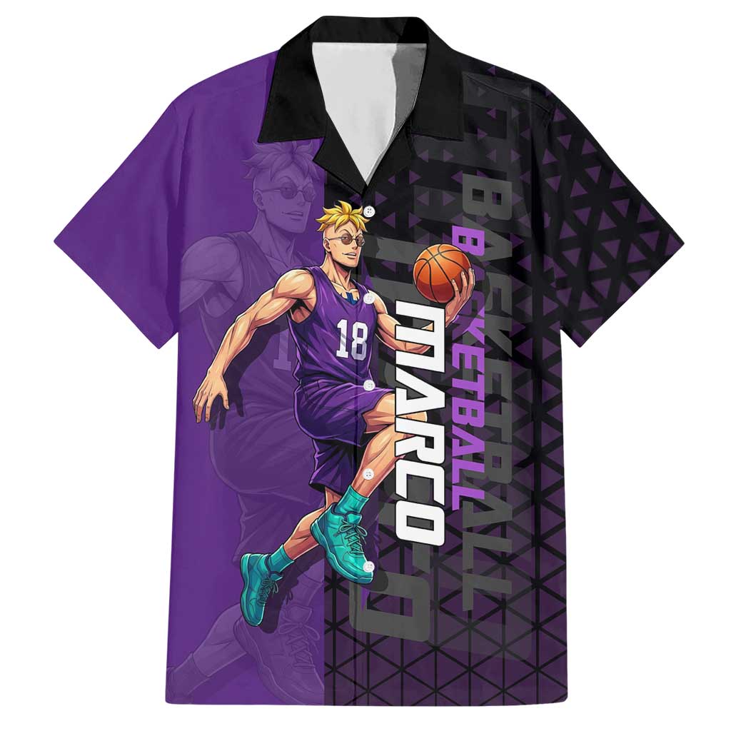 Marco One Piece Basketball Theme Purple and Black Design Hawaiian Shirt with Phoenix Emblem and Action Pose - The Mazicc