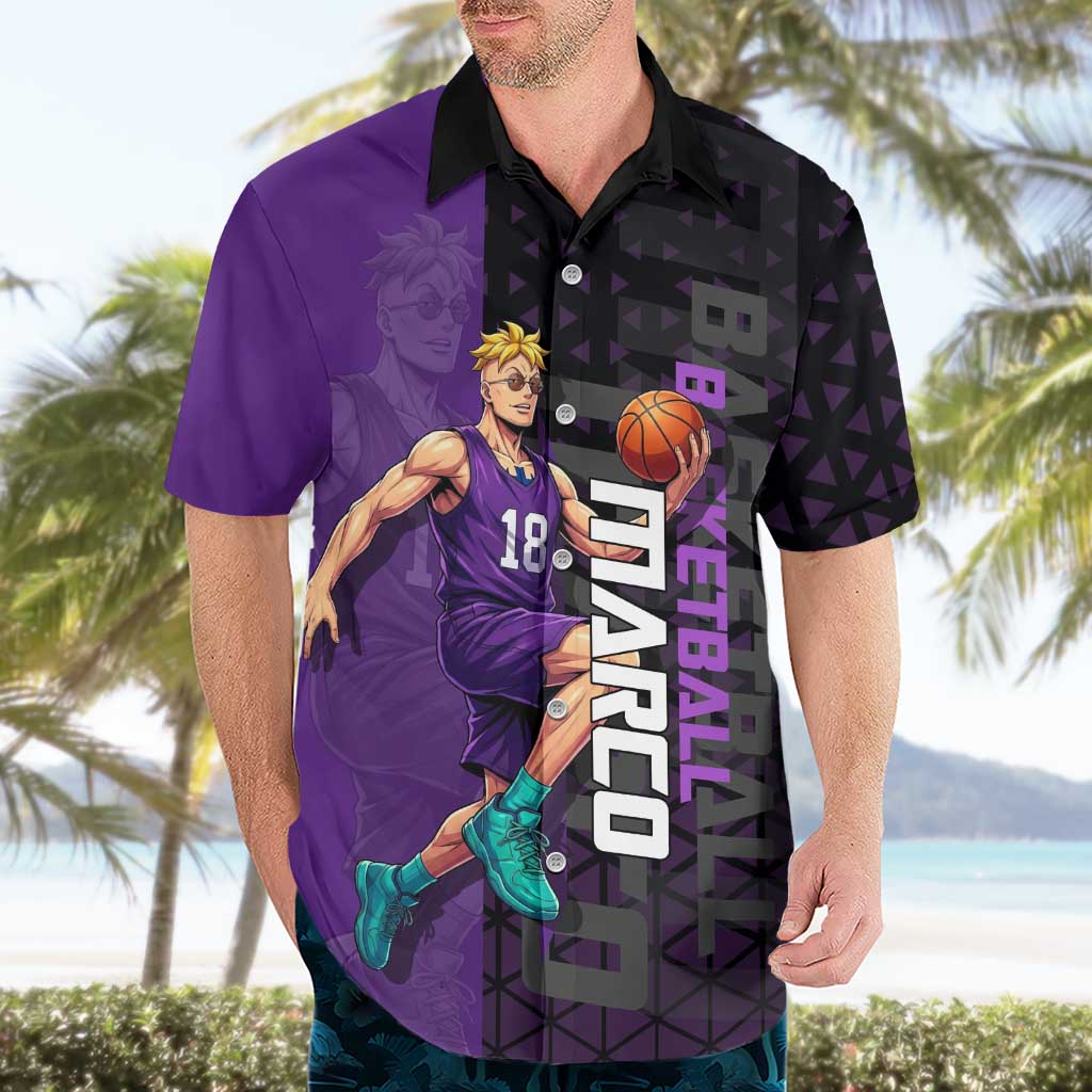 Marco One Piece Basketball Theme Purple and Black Design Hawaiian Shirt with Phoenix Emblem and Action Pose - The Mazicc