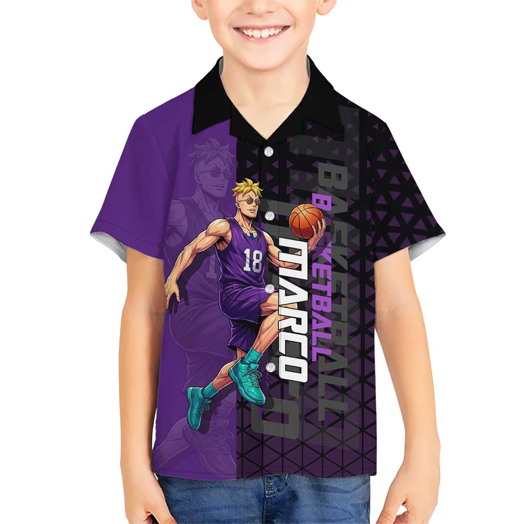 Marco One Piece Basketball Theme Purple and Black Design Hawaiian Shirt with Phoenix Emblem and Action Pose - The Mazicc