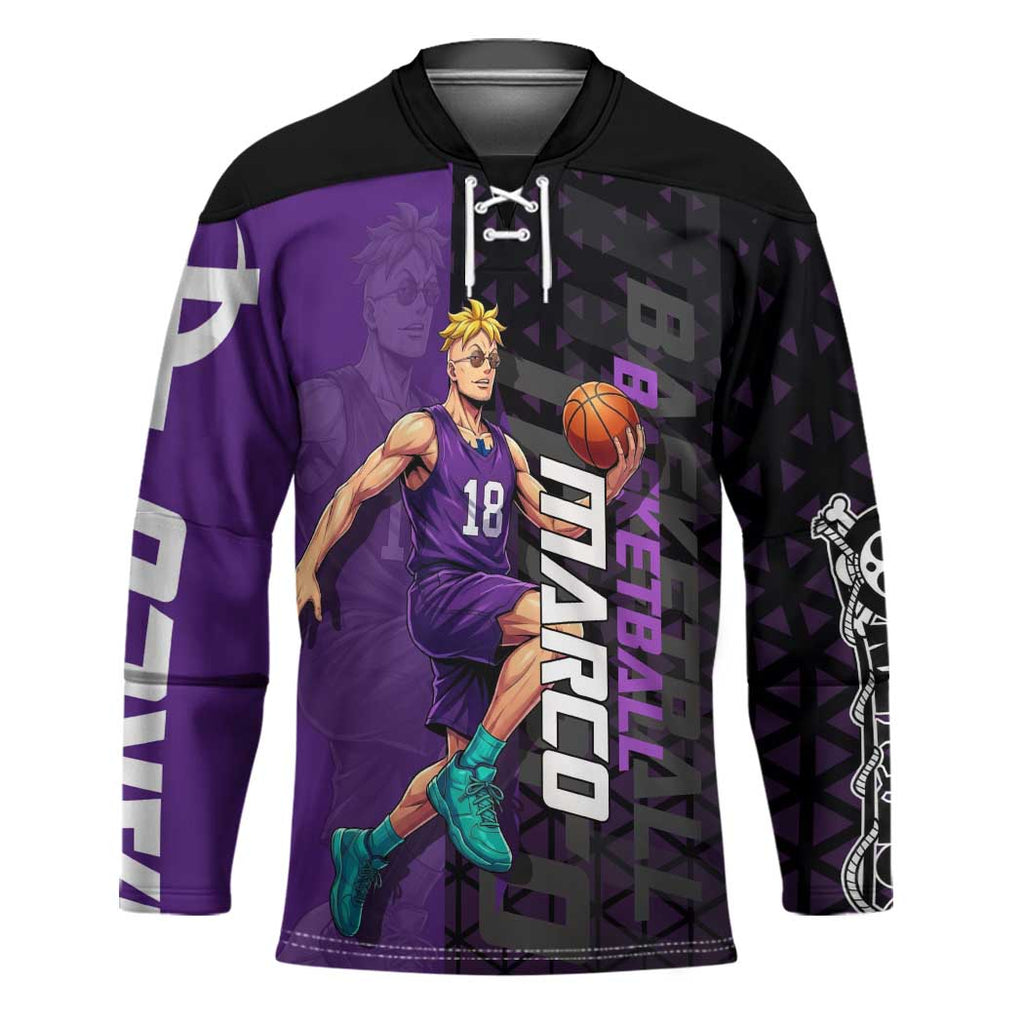Marco One Piece Basketball Theme Purple and Black Design Hockey Jersey with Phoenix Emblem and Action Pose - The Mazicc