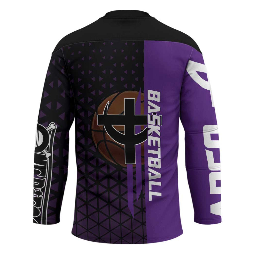Marco One Piece Basketball Theme Purple and Black Design Hockey Jersey with Phoenix Emblem and Action Pose - The Mazicc