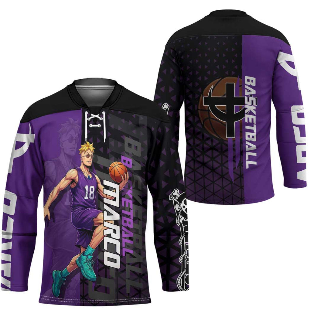 Marco One Piece Basketball Theme Purple and Black Design Hockey Jersey with Phoenix Emblem and Action Pose - The Mazicc