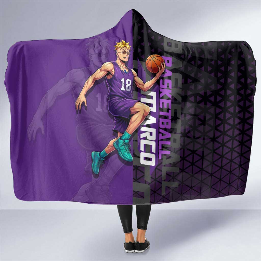 Marco One Piece Basketball Theme Purple and Black Design Hooded Blanket with Phoenix Emblem and Action Pose - The Mazicc