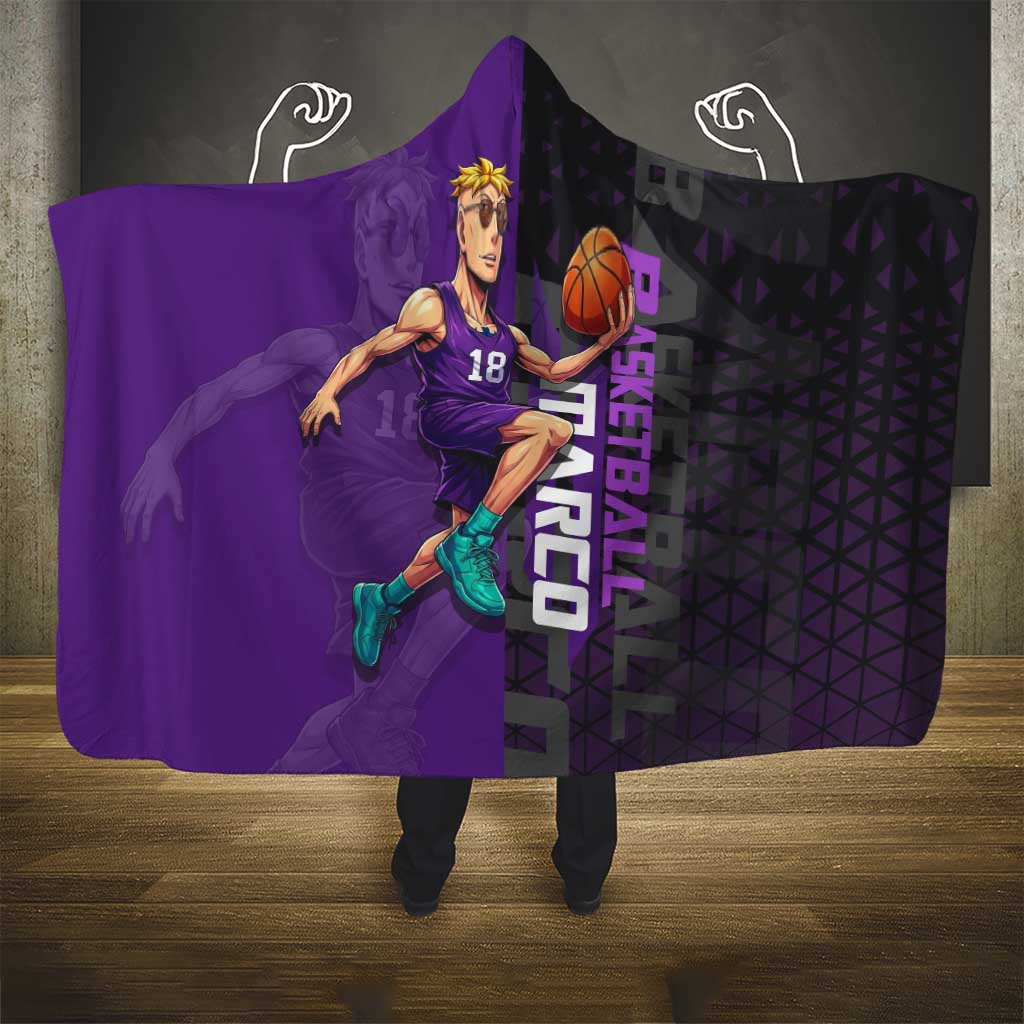 Marco One Piece Basketball Theme Purple and Black Design Hooded Blanket with Phoenix Emblem and Action Pose - The Mazicc
