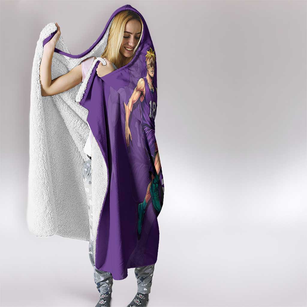 Marco One Piece Basketball Theme Purple and Black Design Hooded Blanket with Phoenix Emblem and Action Pose - The Mazicc