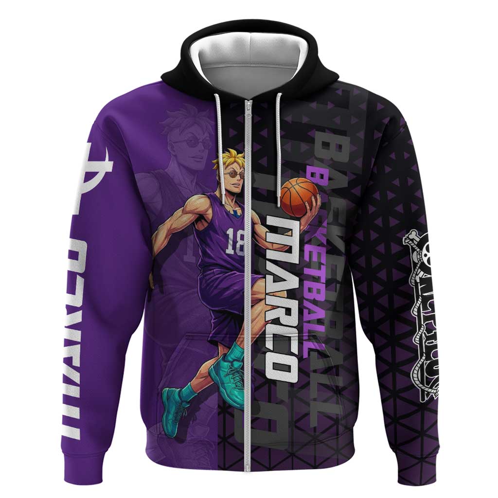 Marco One Piece Basketball Theme Purple and Black Design Hoodie with Phoenix Emblem and Action Pose - The Mazicc
