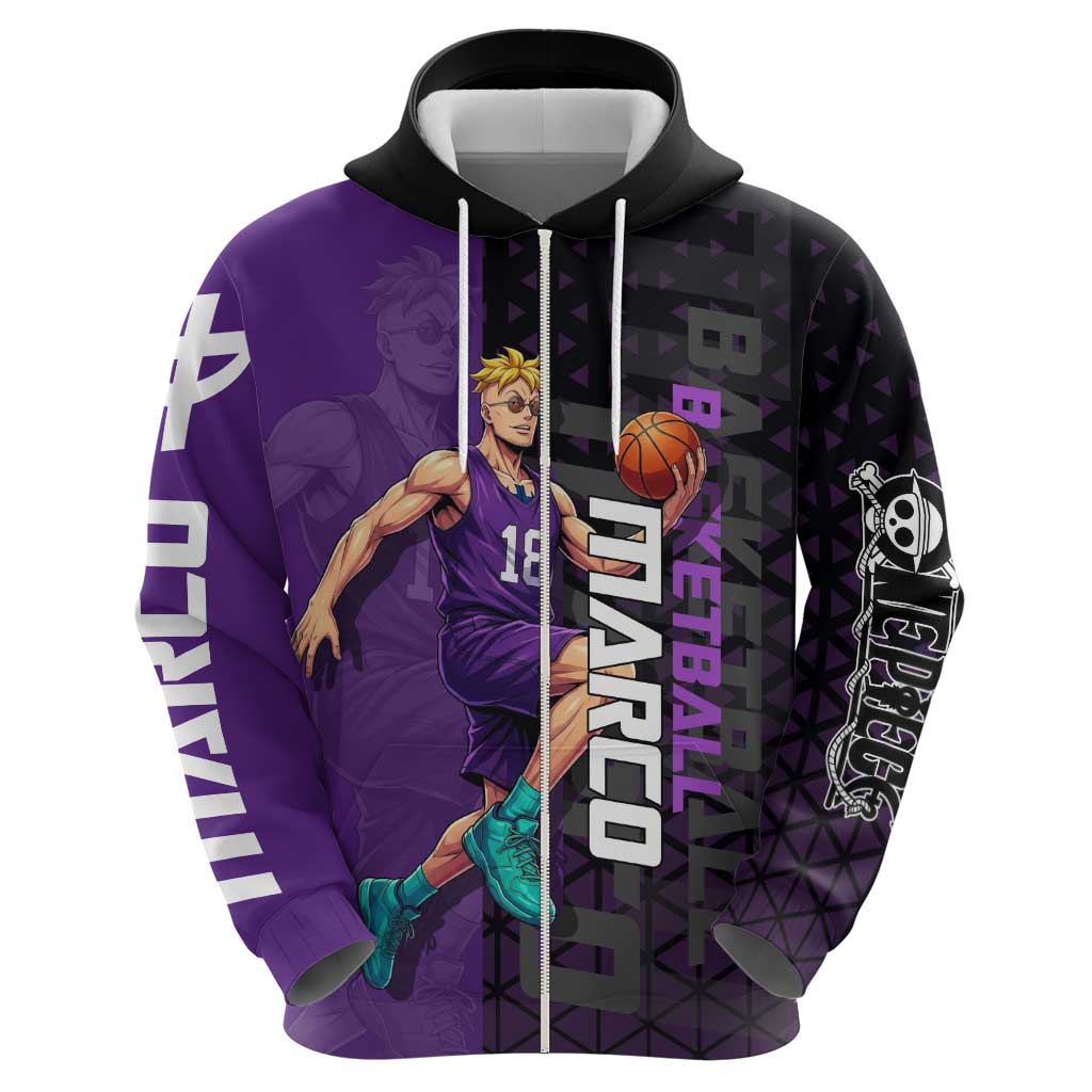 Marco One Piece Basketball Theme Purple and Black Design Hoodie with Phoenix Emblem and Action Pose - The Mazicc