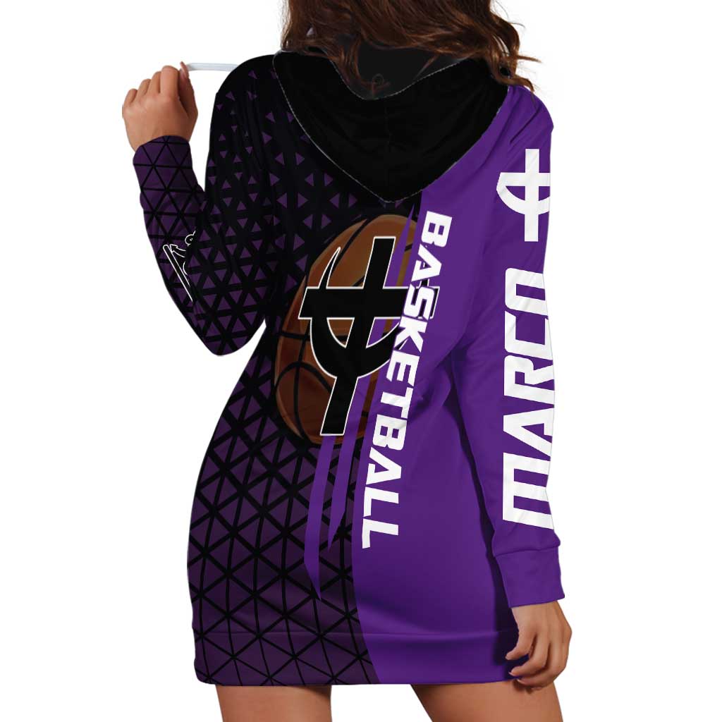 Marco One Piece Basketball Theme Purple and Black Design Hoodie Dress with Phoenix Emblem and Action Pose - The Mazicc