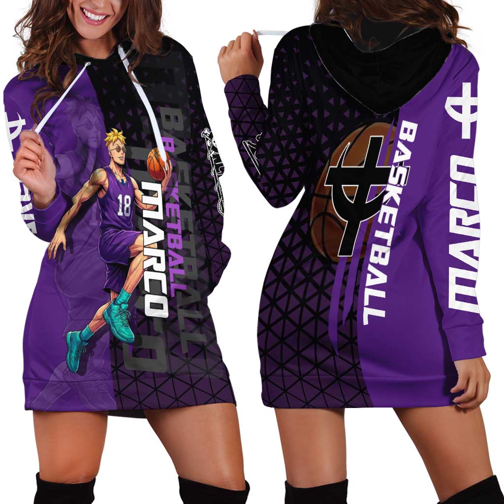 Marco One Piece Basketball Theme Purple and Black Design Hoodie Dress with Phoenix Emblem and Action Pose - The Mazicc