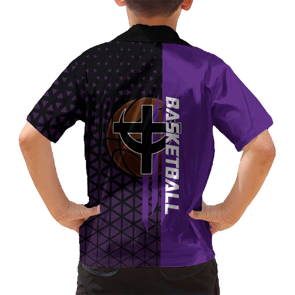 Marco One Piece Basketball Theme Purple and Black Design Kid Hawaiian Shirt with Phoenix Emblem and Action Pose - The Mazicc