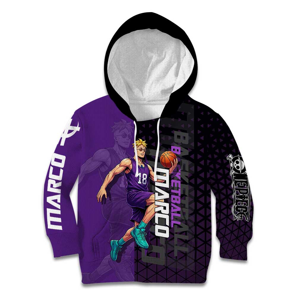 Marco One Piece Basketball Theme Purple and Black Design Kid Hoodie with Phoenix Emblem and Action Pose - The Mazicc