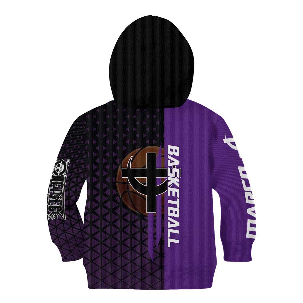 Marco One Piece Basketball Theme Purple and Black Design Kid Hoodie with Phoenix Emblem and Action Pose - The Mazicc