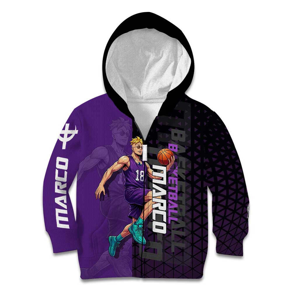 Marco One Piece Basketball Theme Purple and Black Design Kid Hoodie with Phoenix Emblem and Action Pose - The Mazicc