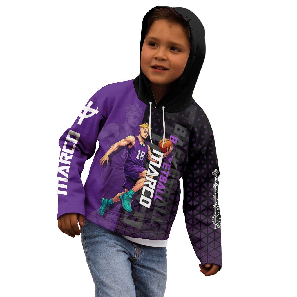 Marco One Piece Basketball Theme Purple and Black Design Kid Hoodie with Phoenix Emblem and Action Pose - The Mazicc