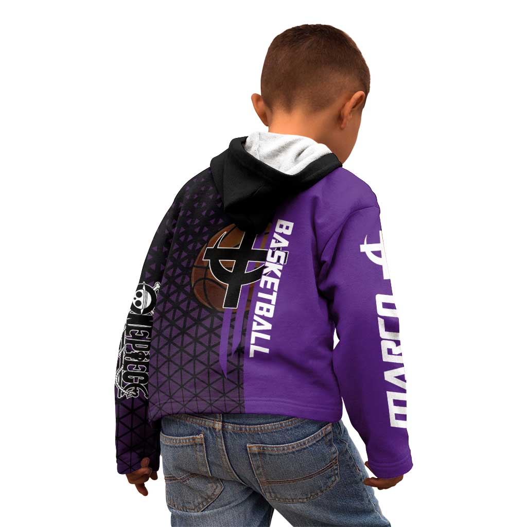 Marco One Piece Basketball Theme Purple and Black Design Kid Hoodie with Phoenix Emblem and Action Pose - The Mazicc