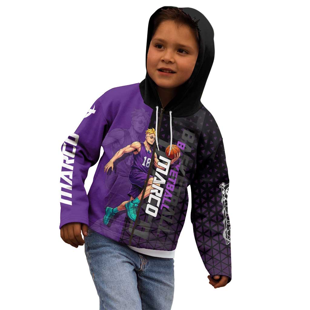 Marco One Piece Basketball Theme Purple and Black Design Kid Hoodie with Phoenix Emblem and Action Pose - The Mazicc