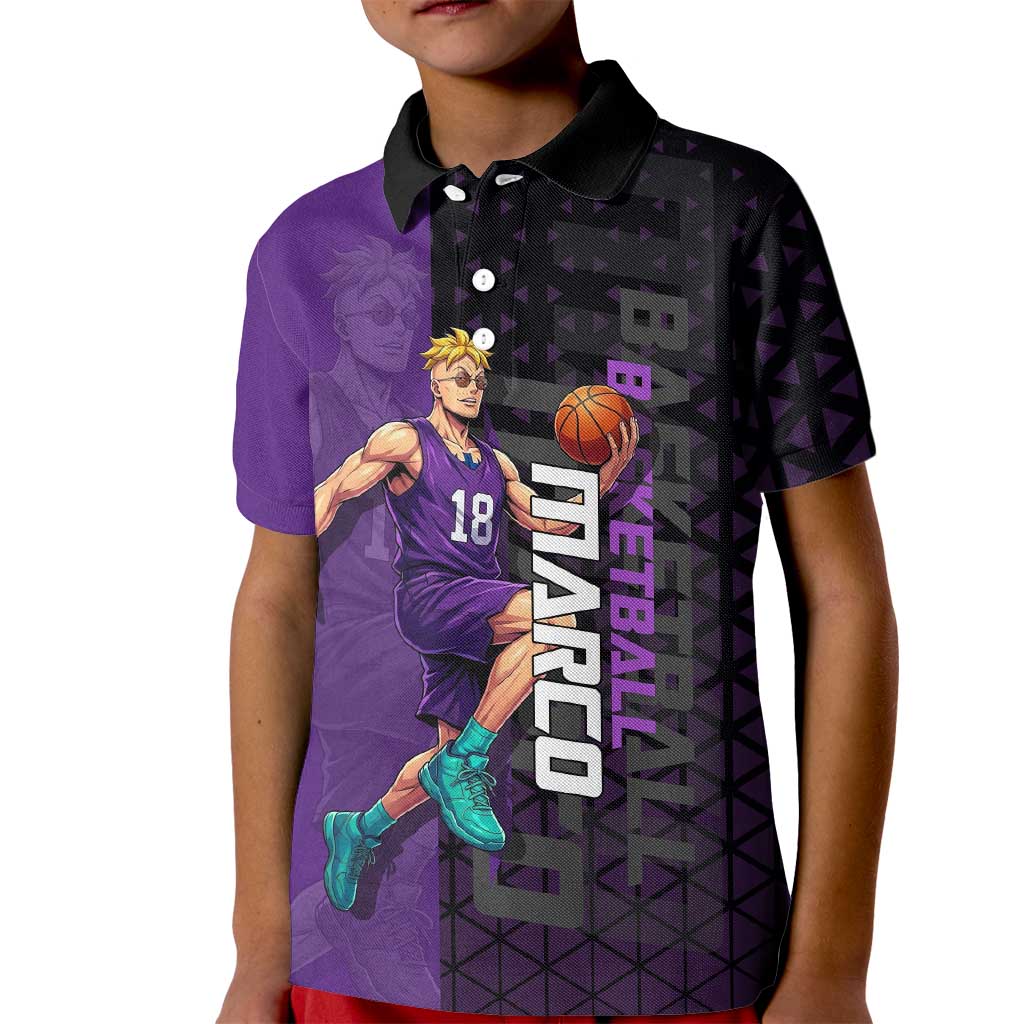 Marco One Piece Basketball Theme Purple and Black Design Kid Polo Shirt with Phoenix Emblem and Action Pose - The Mazicc