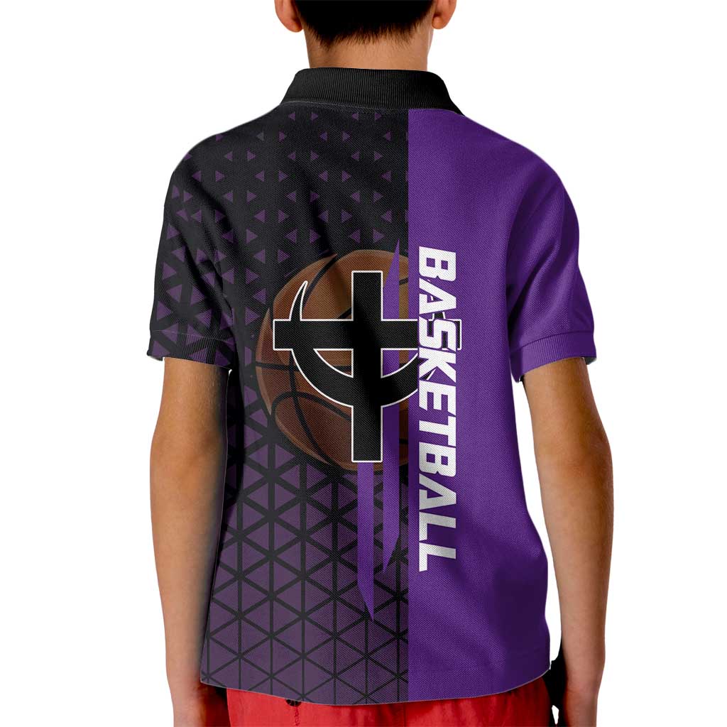 Marco One Piece Basketball Theme Purple and Black Design Kid Polo Shirt with Phoenix Emblem and Action Pose - The Mazicc