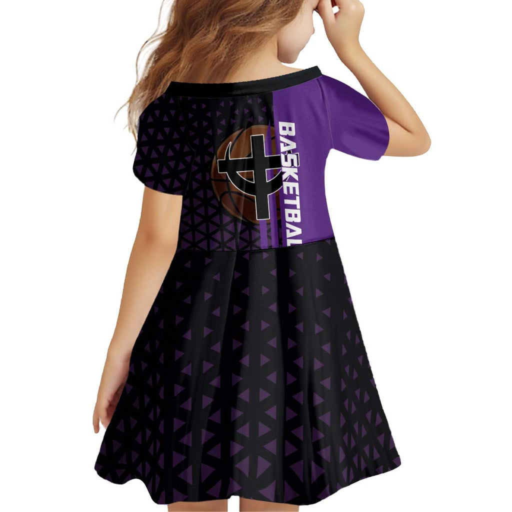 Marco One Piece Basketball Theme Purple and Black Design Kid Short Sleeve Dress with Phoenix Emblem and Action Pose - The Mazicc