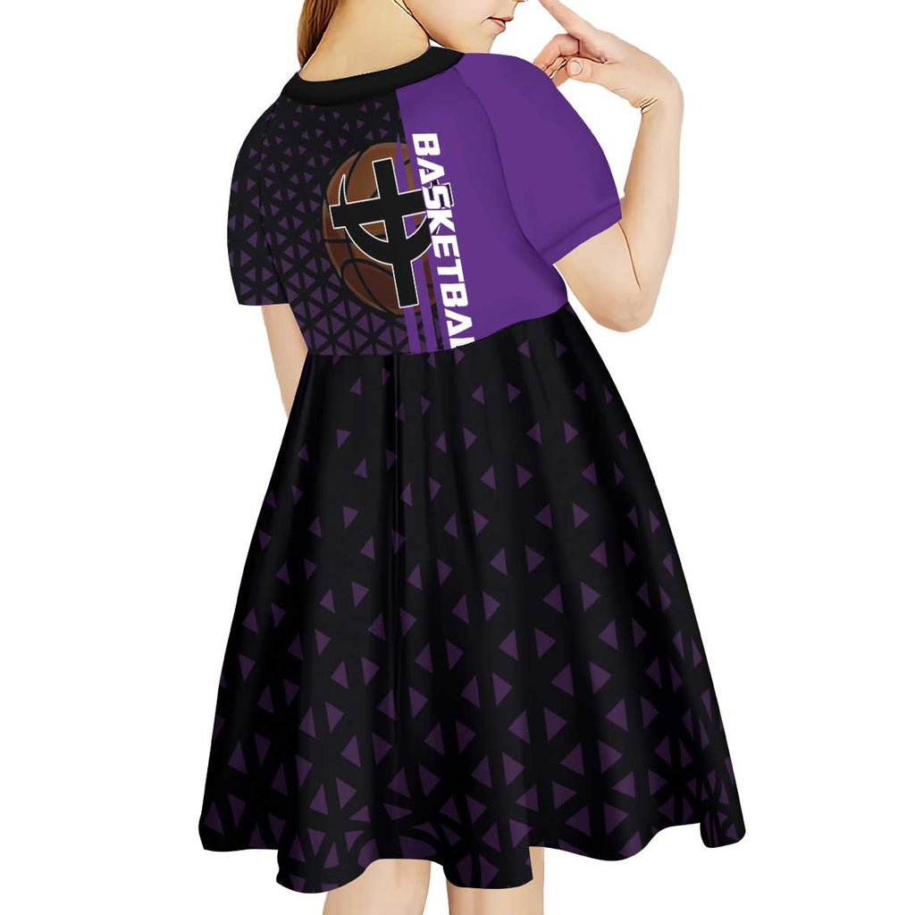 Marco One Piece Basketball Theme Purple and Black Design Kid Short Sleeve Dress with Phoenix Emblem and Action Pose - The Mazicc
