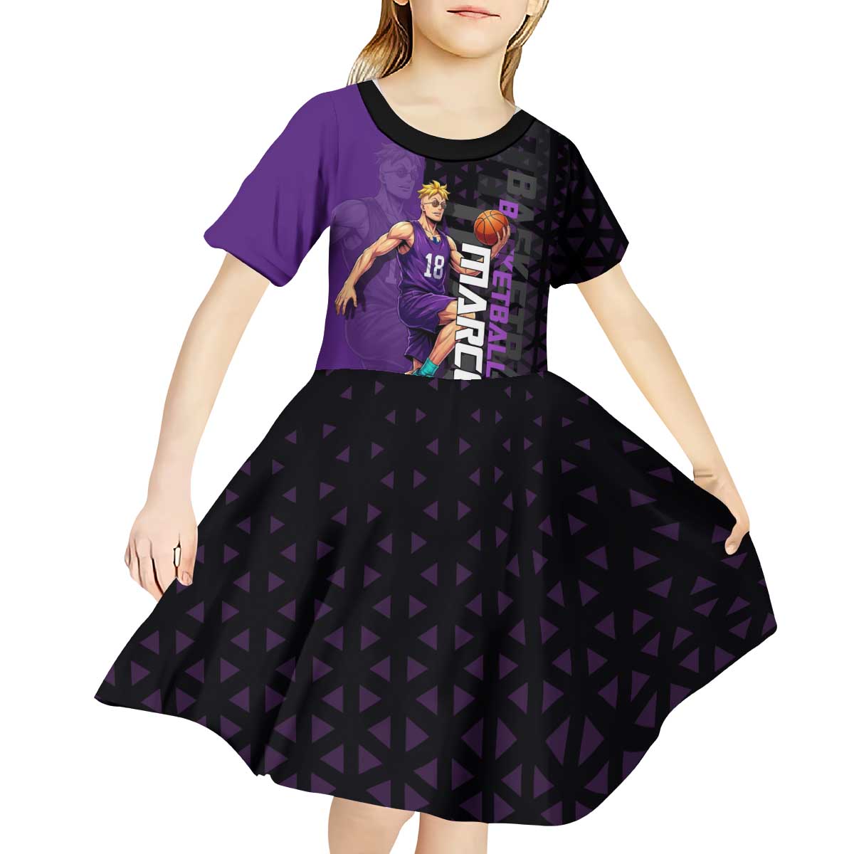 Marco One Piece Basketball Theme Purple and Black Design Kid Short Sleeve Dress with Phoenix Emblem and Action Pose - The Mazicc