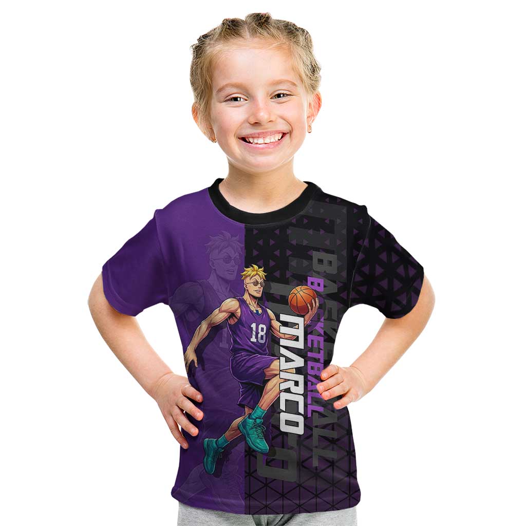 Marco One Piece Basketball Theme Purple and Black Design Kid T Shirt with Phoenix Emblem and Action Pose - The Mazicc