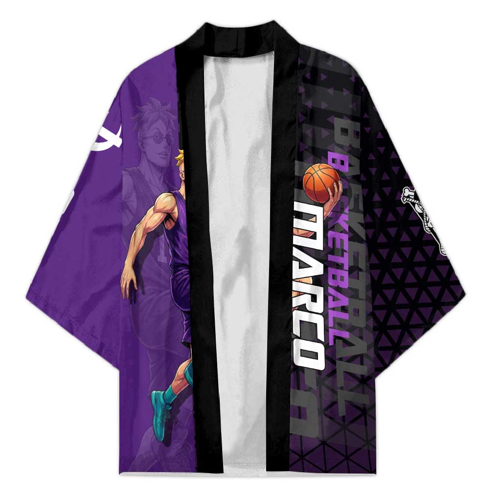 Marco One Piece Basketball Theme Purple and Black Design Kimono with Phoenix Emblem and Action Pose - The Mazicc