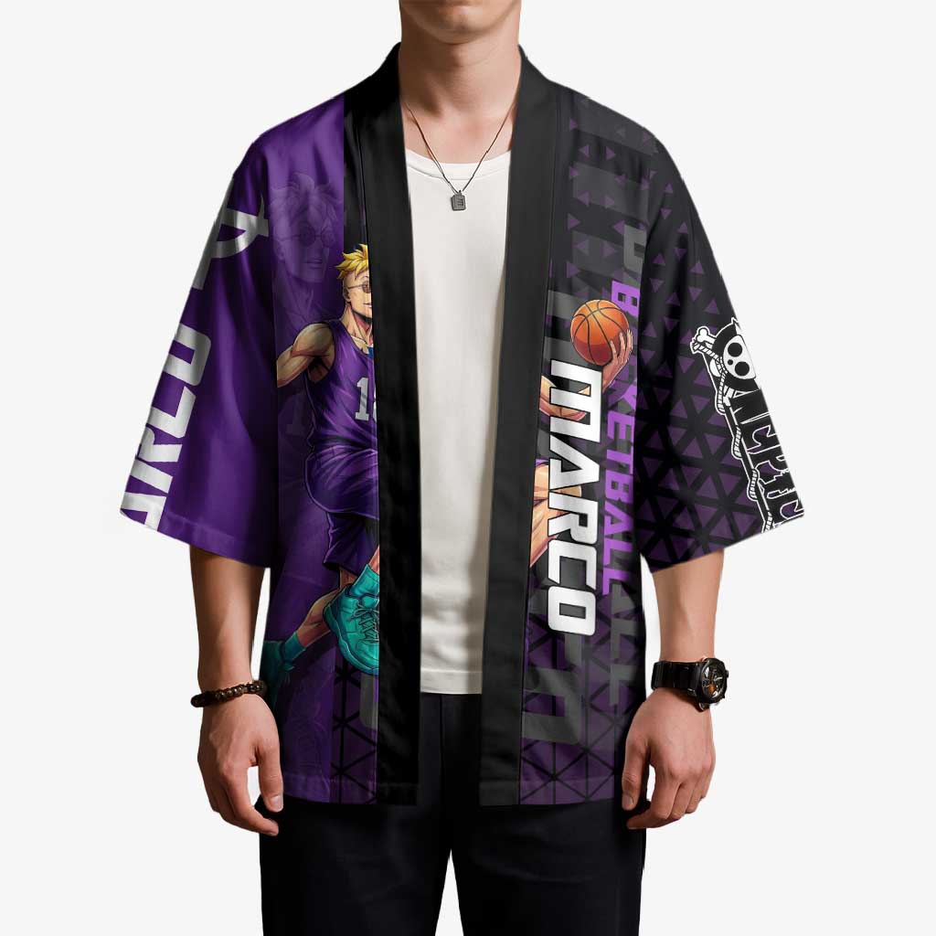 Marco One Piece Basketball Theme Purple and Black Design Kimono with Phoenix Emblem and Action Pose - The Mazicc