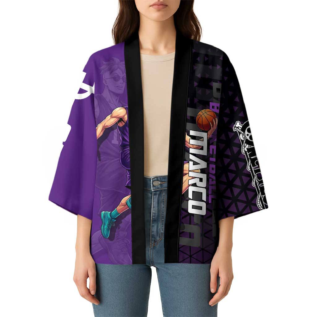 Marco One Piece Basketball Theme Purple and Black Design Kimono with Phoenix Emblem and Action Pose - The Mazicc