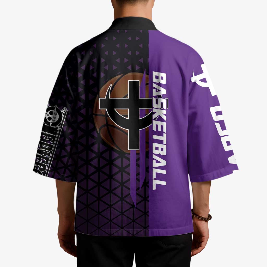 Marco One Piece Basketball Theme Purple and Black Design Kimono with Phoenix Emblem and Action Pose - The Mazicc