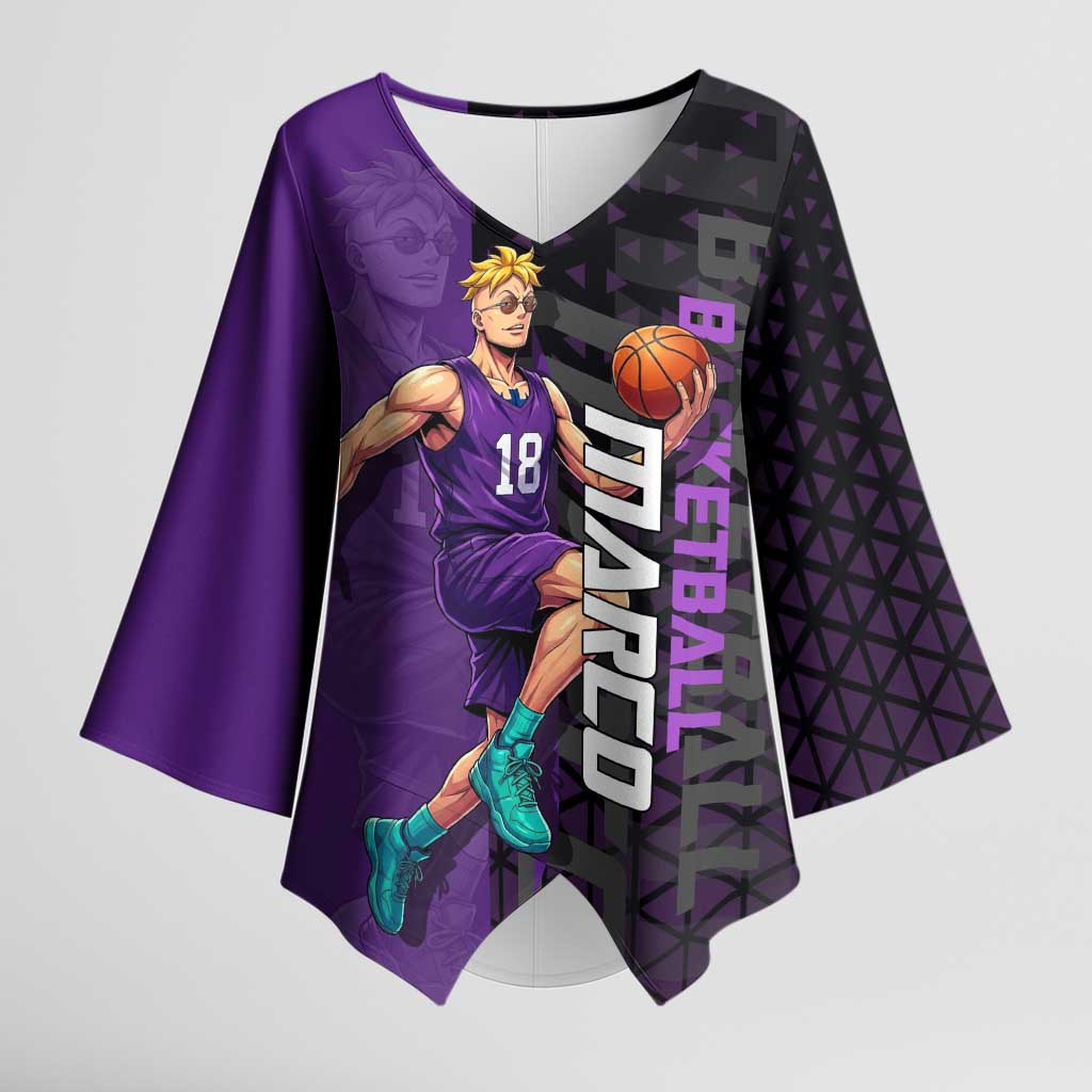 Marco One Piece Basketball Theme Purple and Black Design Kimono Sleeve Blouse with Phoenix Emblem and Action Pose - The Mazicc