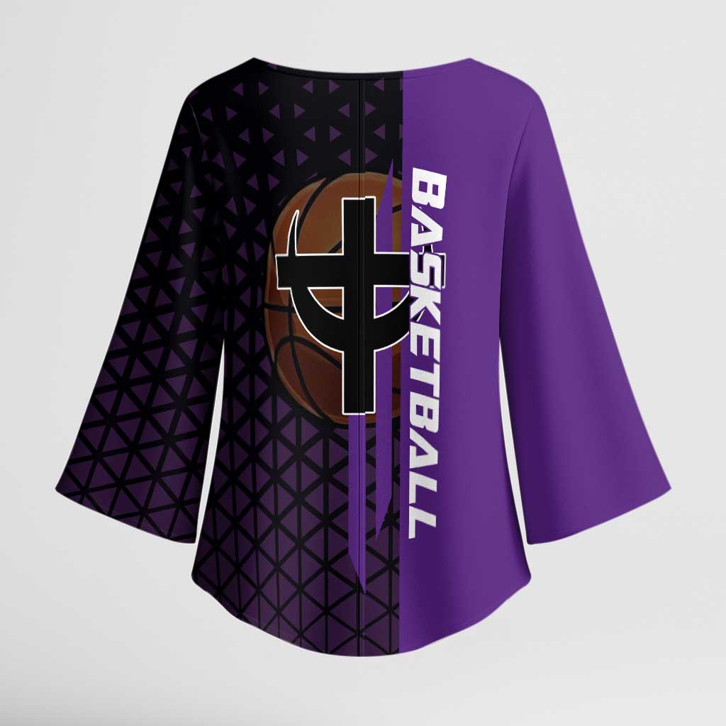Marco One Piece Basketball Theme Purple and Black Design Kimono Sleeve Blouse with Phoenix Emblem and Action Pose - The Mazicc