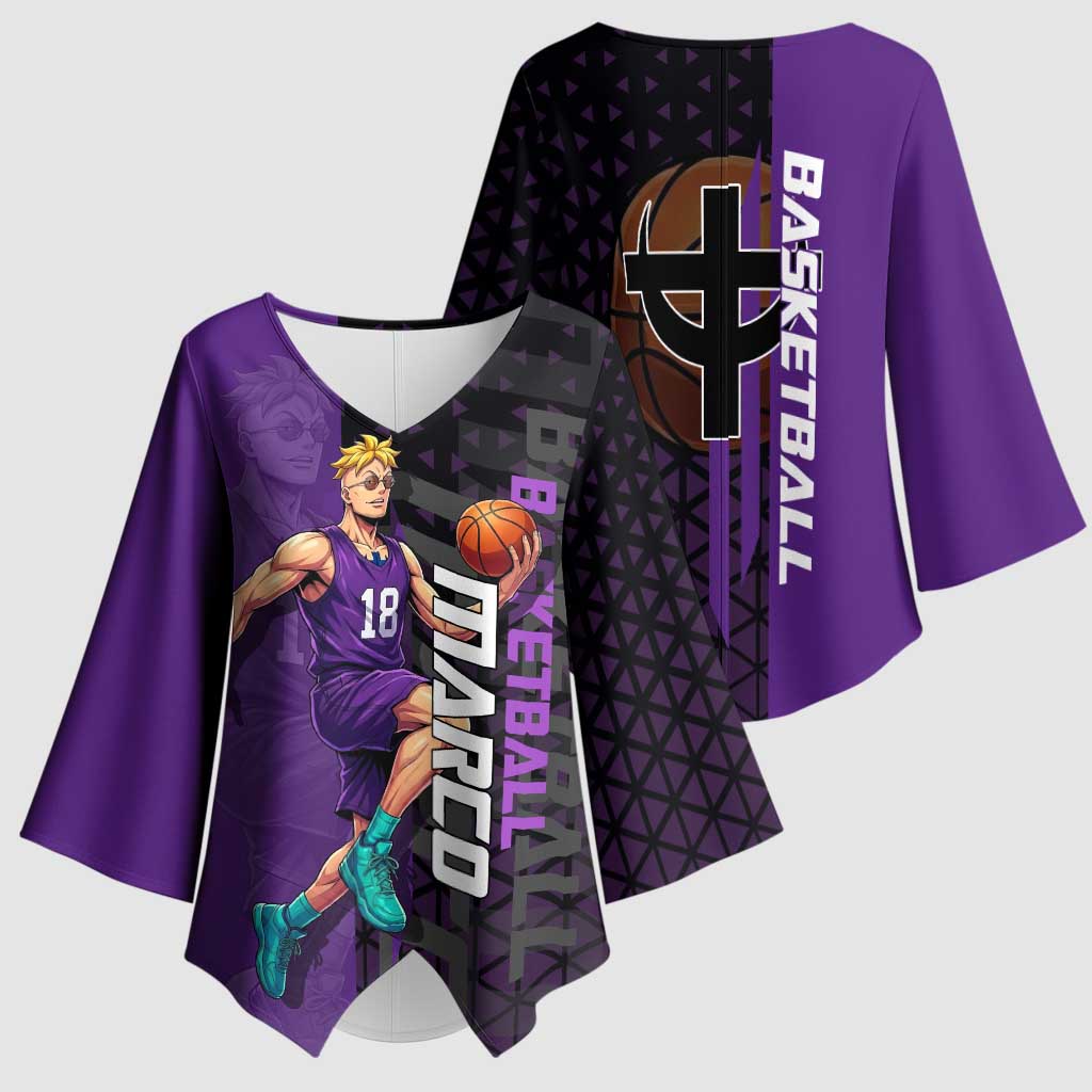 Marco One Piece Basketball Theme Purple and Black Design Kimono Sleeve Blouse with Phoenix Emblem and Action Pose - The Mazicc