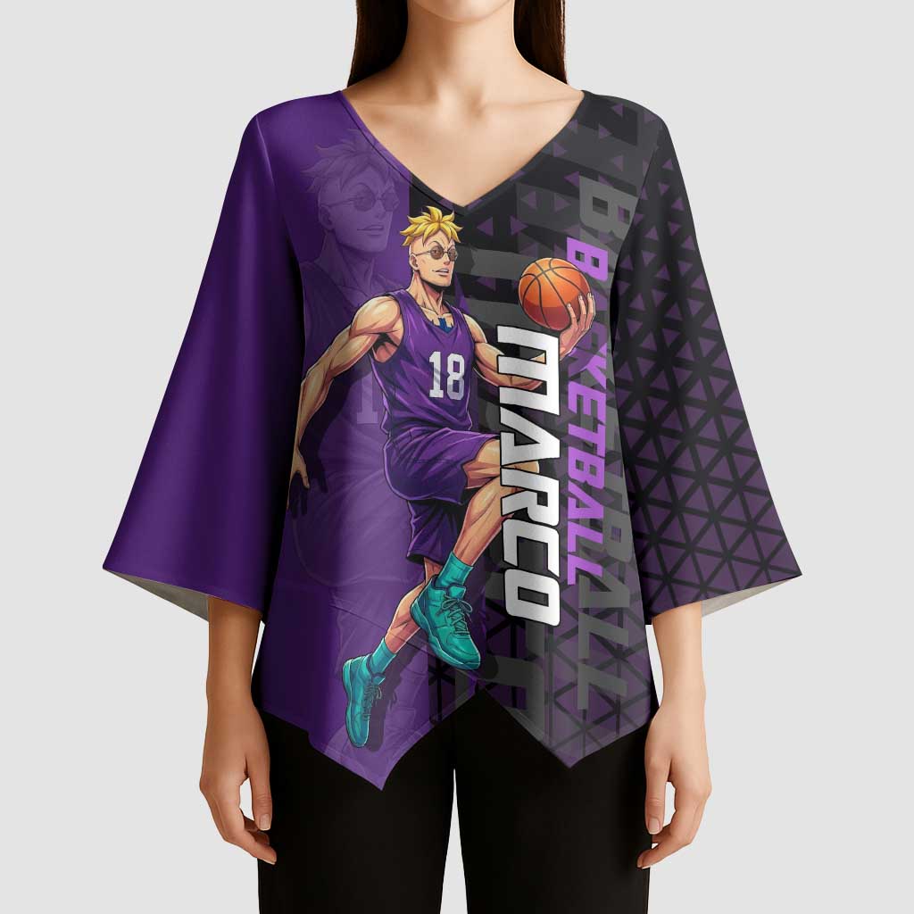 Marco One Piece Basketball Theme Purple and Black Design Kimono Sleeve Blouse with Phoenix Emblem and Action Pose - The Mazicc