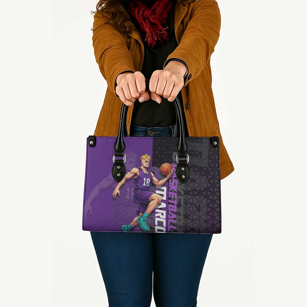 Marco One Piece Basketball Theme Purple and Black Design Leather Bag with Phoenix Emblem and Action Pose - The Mazicc
