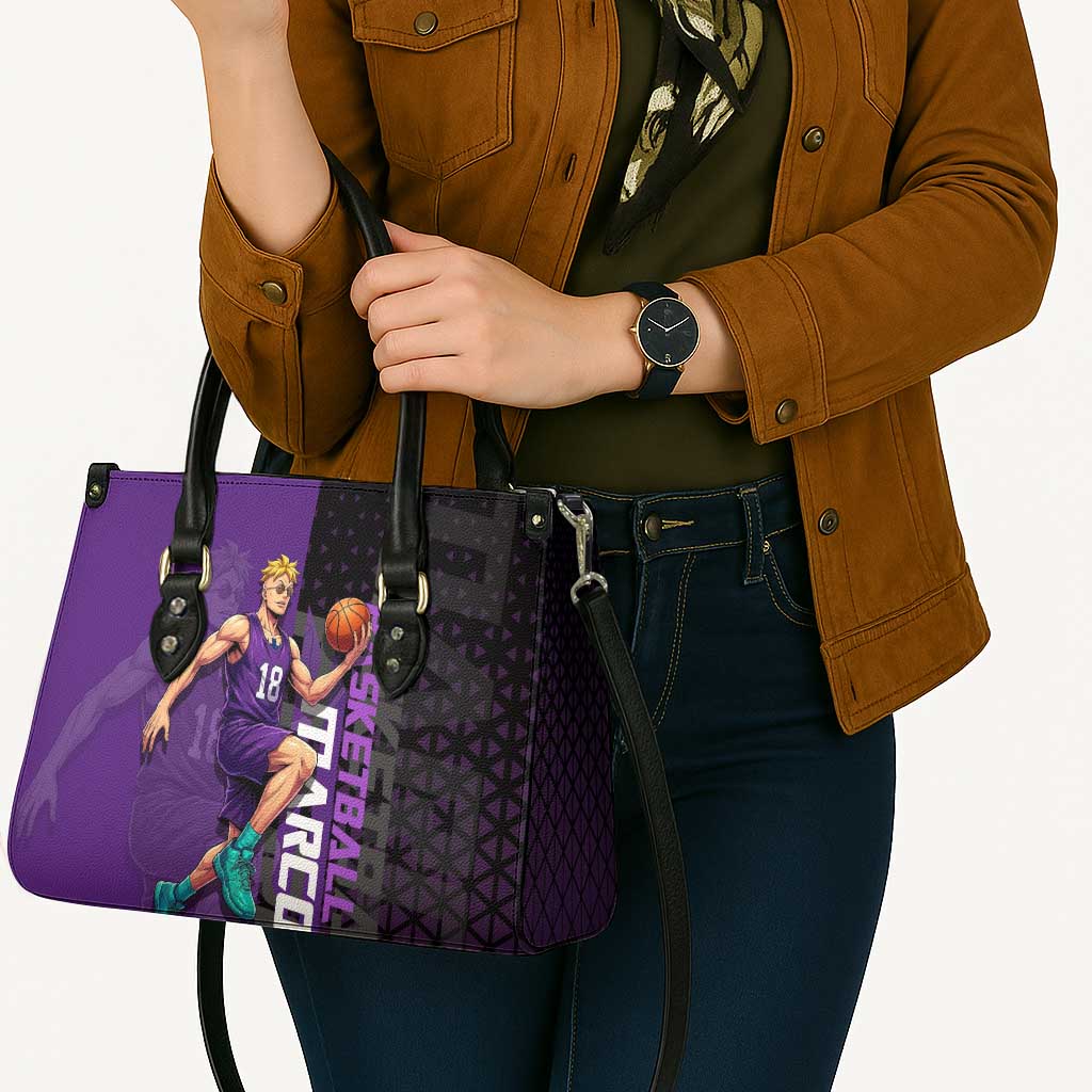 Marco One Piece Basketball Theme Purple and Black Design Leather Bag with Phoenix Emblem and Action Pose - The Mazicc