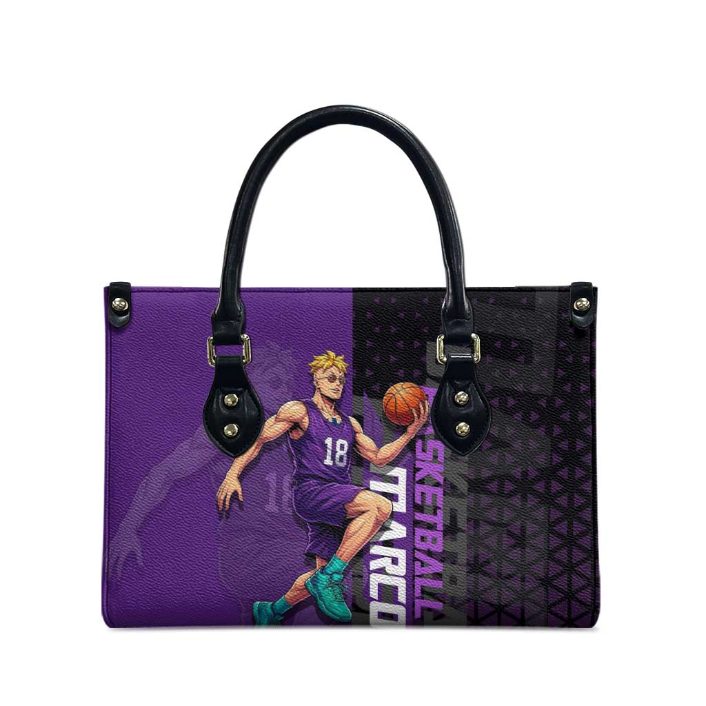 Marco One Piece Basketball Theme Purple and Black Design Leather Bag with Phoenix Emblem and Action Pose - The Mazicc