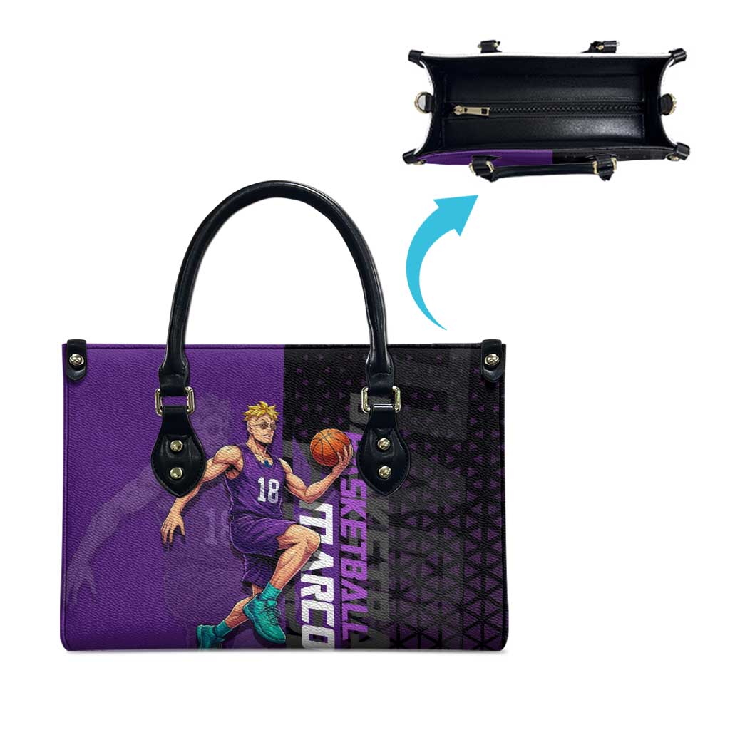 Marco One Piece Basketball Theme Purple and Black Design Leather Bag with Phoenix Emblem and Action Pose - The Mazicc