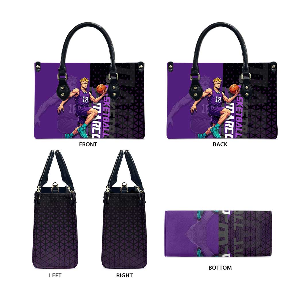 Marco One Piece Basketball Theme Purple and Black Design Leather Bag with Phoenix Emblem and Action Pose - The Mazicc