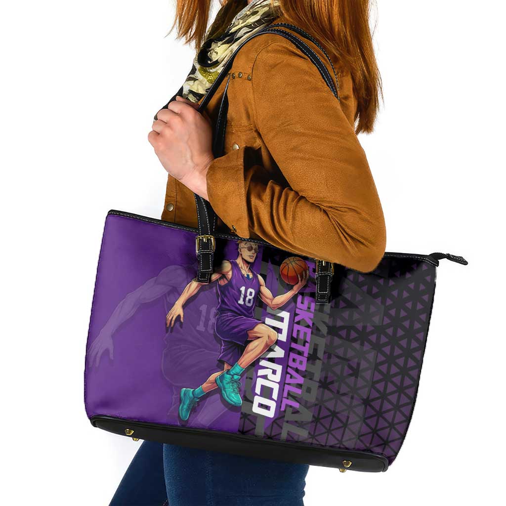 Marco One Piece Basketball Theme Purple and Black Design Leather Tote Bag with Phoenix Emblem and Action Pose - The Mazicc